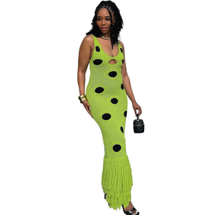 Damen Maxikleid mit tiefem V-Ausschnitt und fransigen Details Echo Archiv