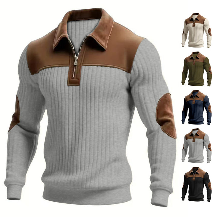 Herren nan gerippter Halbzip-Pullover mit kontrastierenden Lederapplikationen an Schultern und Ellenbogen Echo Archiv
