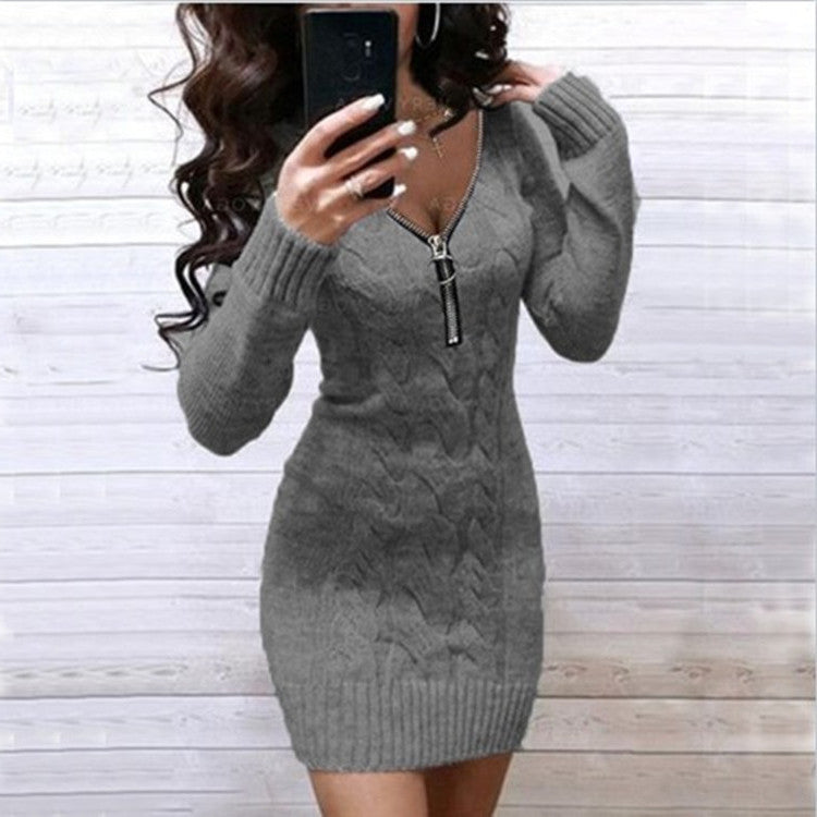 Damen Strickkleid mit Zipper und Kabelmuster Echoarchiv
