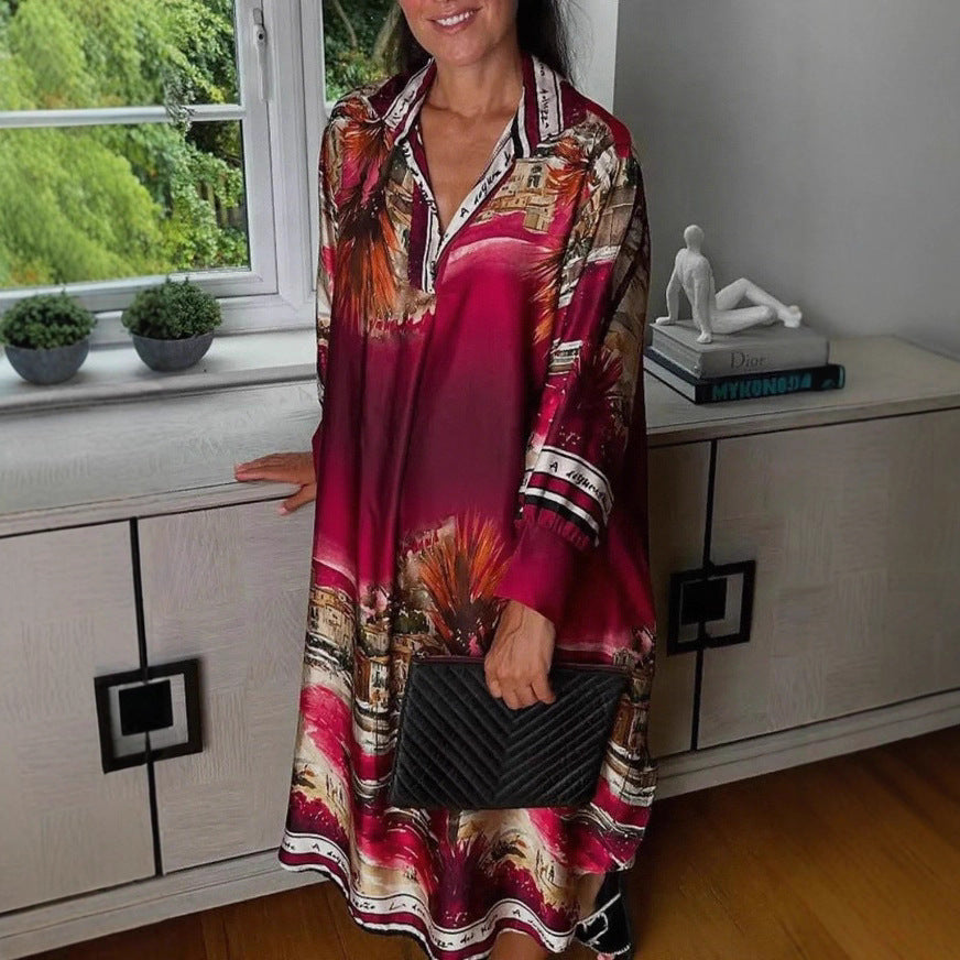Damen nan Seidenoptik-Hemdkleid im Kaftanstil mit illustrativem Küstenprint Echo Archiv