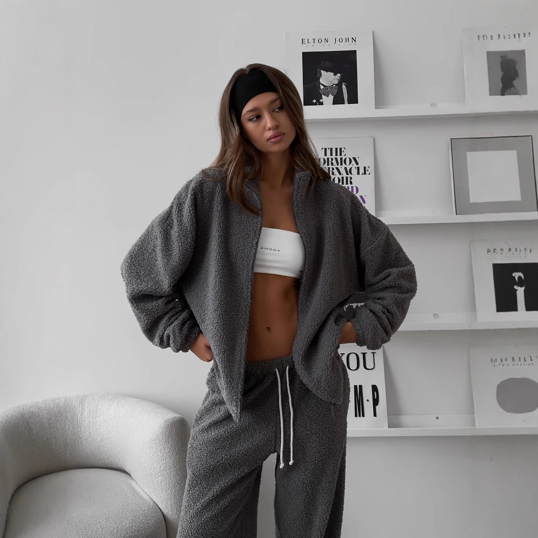 Damen Teddy-Fleece Loungewear-Set mit Reißverschlussjacke und Kordelzug-Hose – Auréline
