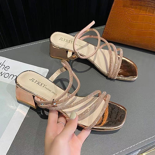 Damen Elegante Strass‑Riemchen Sandaletten mit quadratischer Zehenbox und stabilem Blockabsatz – Sorelia