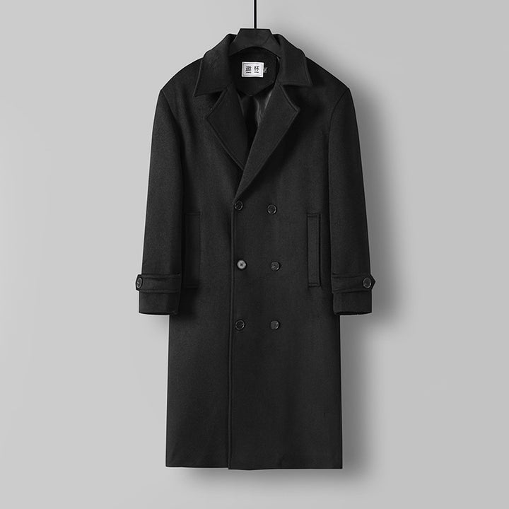Herren Langer Doppelreihiger Wollmantel mit minimalistischer Silhouette und Schalkragen Echoarchiv