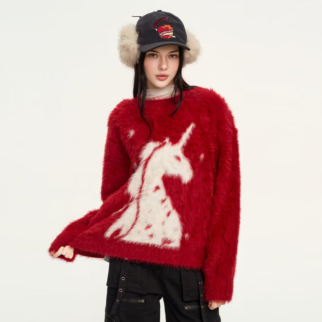 Damen Gemütlicher Grobstrickpullover mit Einhornmotiv Echoarchiv