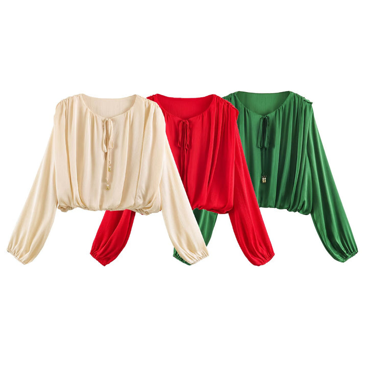 Damen nan luftige Boho Carmen-Bluse mit Kordelzug, weiten Ballonärmeln und elastischem Saum Echo Archiv