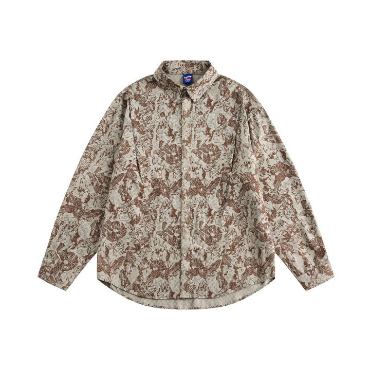 Unisex Oversized Hemdjacke mit floraler Jacquardstruktur und abgerundetem Saum Echoarchiv