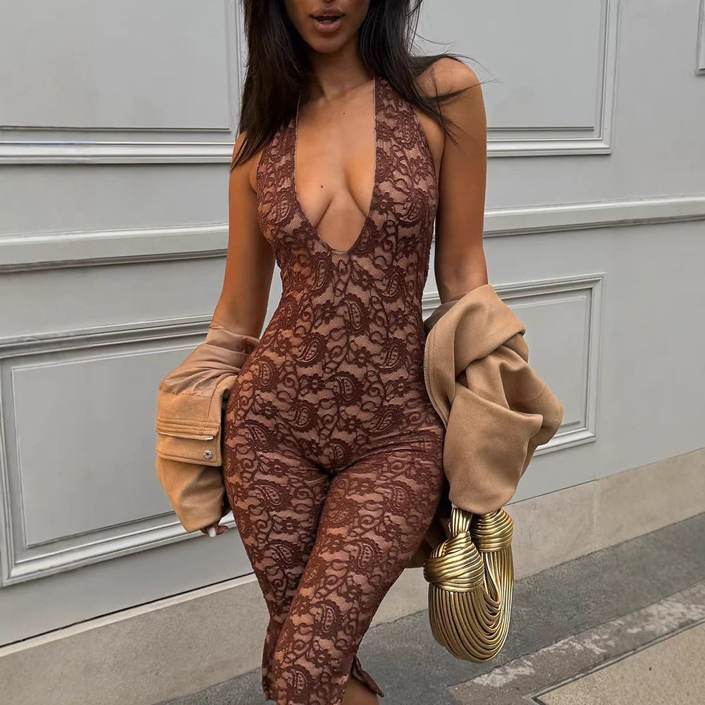 Damen Eleganter Spitzen-Jumpsuit mit tiefem V-Ausschnitt und seitlichen Schlitzen Echo Archiv