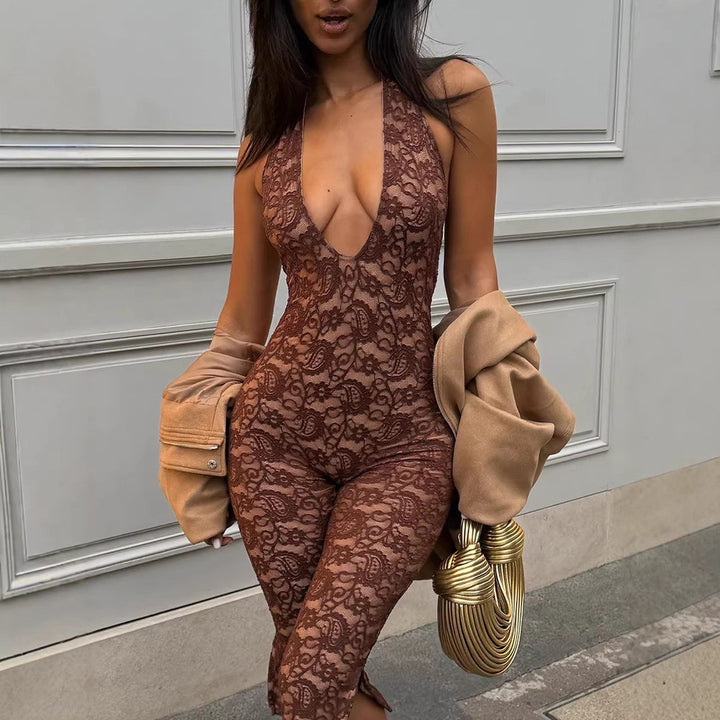 Damen Eleganter Spitzen-Jumpsuit mit tiefem V-Ausschnitt und seitlichen Schlitzen Echo Archiv