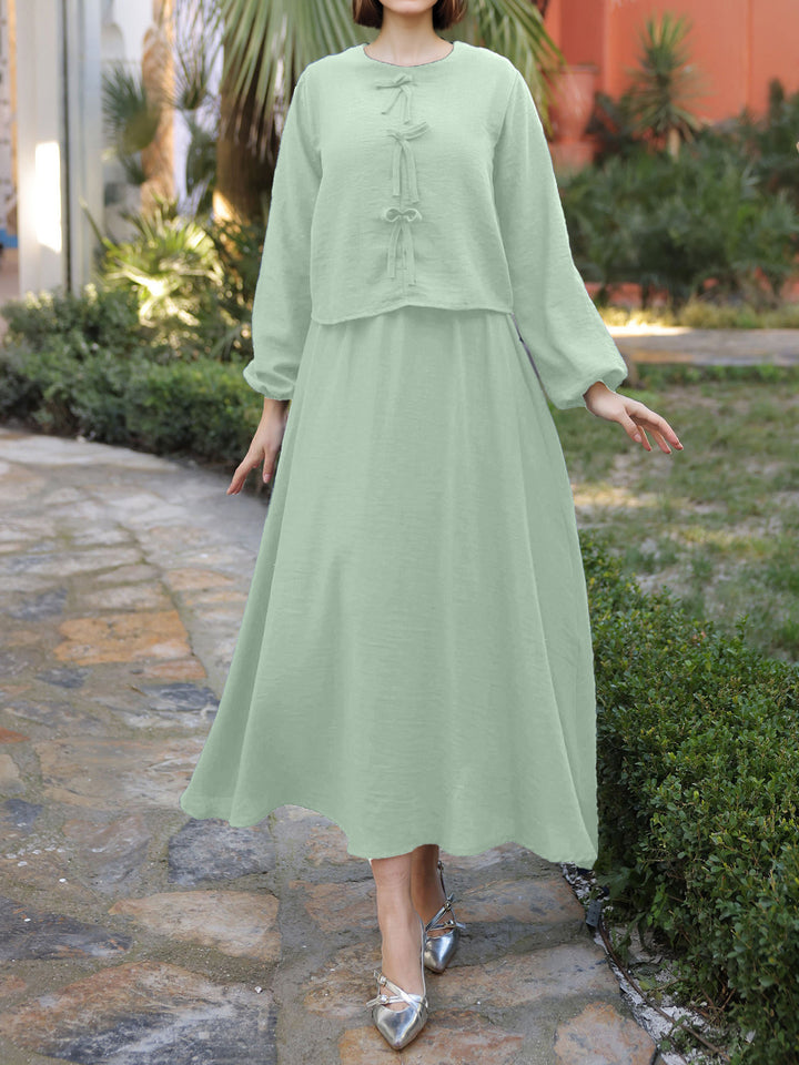 Damen Langes Zweiteiliges Maxikleid mit Überwurf, Rundhals und Zierknoten – Valéora