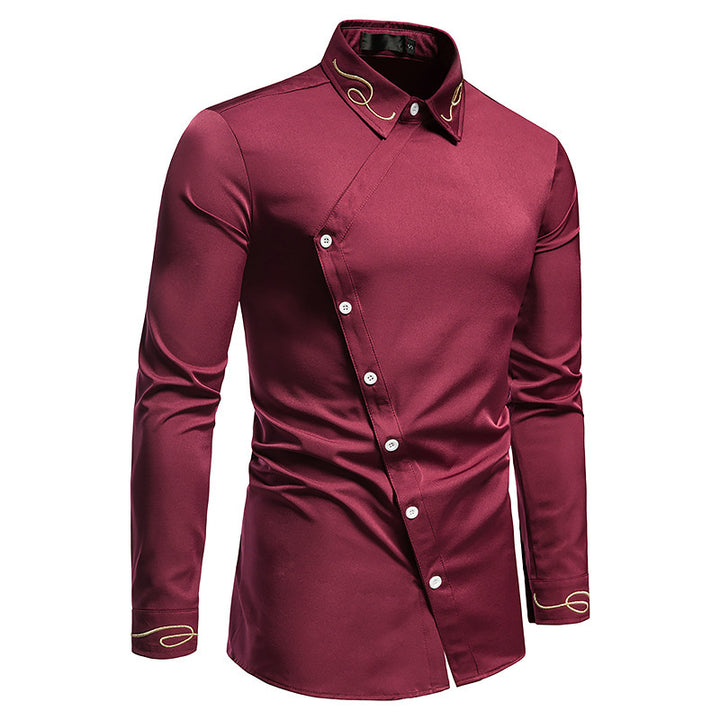 Herren Elegantes Langarmhemd mit asymmetrischem Knopfdesign und gesticktem Kragen Echoarchiv