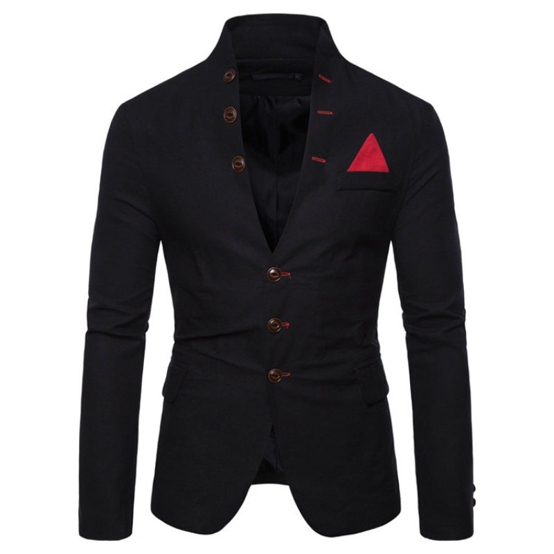 Herren eleganter Blazer mit modernem Stehkragen und ausgefallenen Knopfdetails Echoarchiv