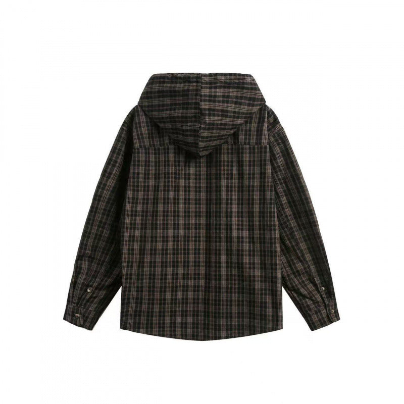 Unisex Weite karierte Kapuzen-Hemdjacke aus Baumwollflanell mit aufgesetzter Brusttasche Echo Archiv