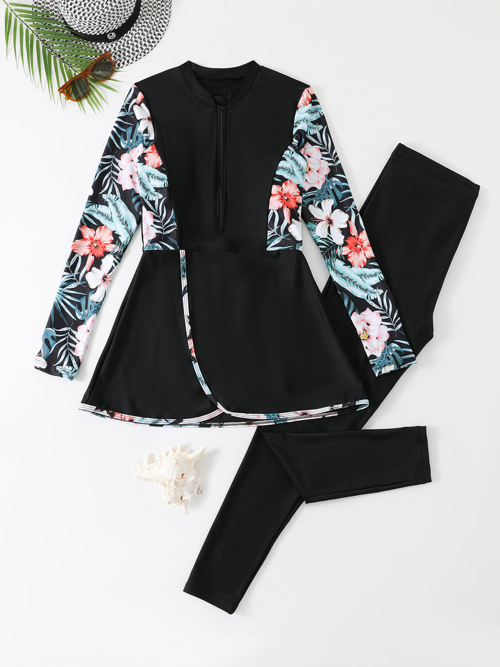 Damen Modisches Schwimmanzug-Set mit floralem Design und langem Arm Echo Archiv