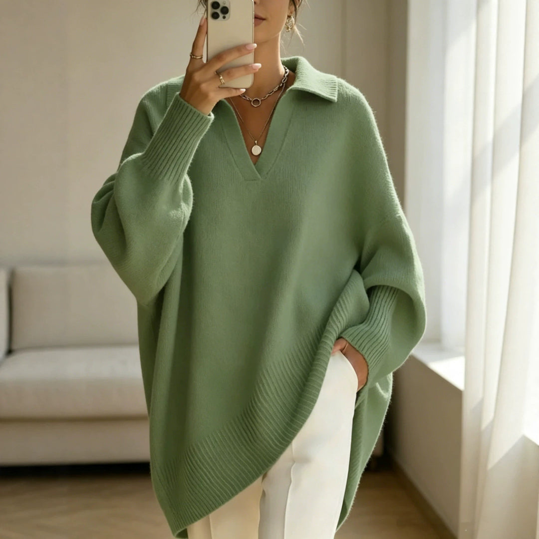 Damen Oversize-Polokragen V-Ausschnitt Strickpullover mit Ballonärmeln – Mavelle