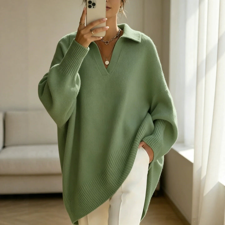 Damen Oversize-Polokragen V-Ausschnitt Strickpullover mit Ballonärmeln – Mavelle