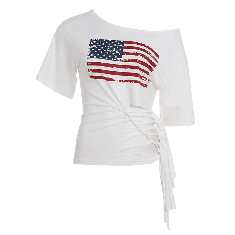 Damen lässiges Crop-Top mit amerikanischem Flaggenmotiv und modischem Fransen-Design Echo Archiv