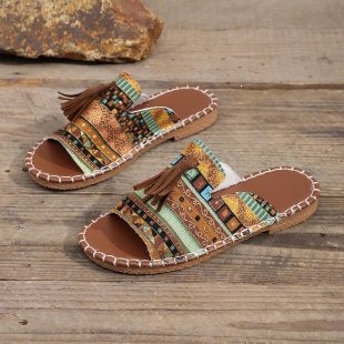 Damen Boho-Ethno-Quasten-Pantoletten mit geflochtener Sohle und gepolstertem Fußbett – Sorelia