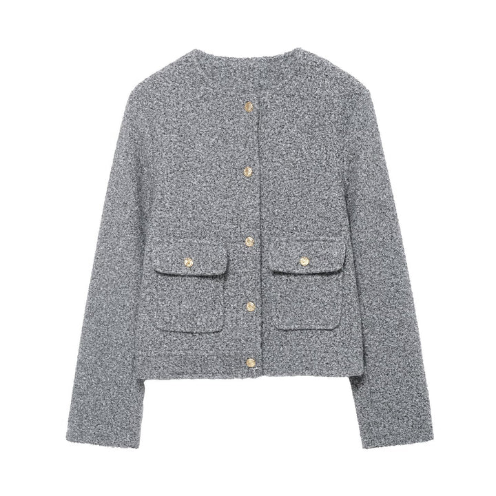 Damen Bouclé-Boxy-Jacke mit goldenen Knöpfen und aufgesetzten Taschen Echo Archiv