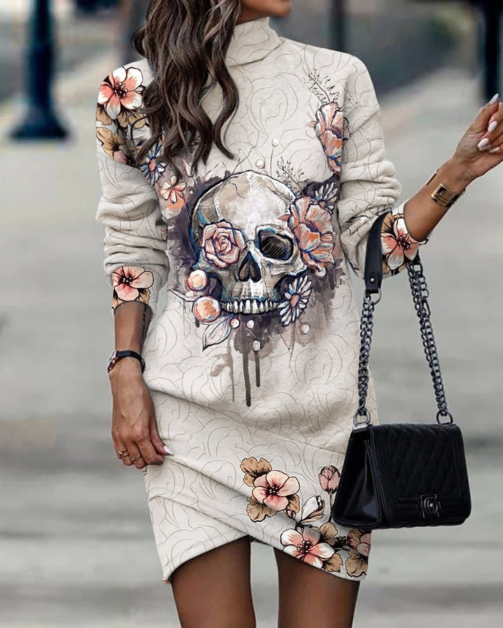 Damen Modisches Sweatkleid mit Totenkopf- und Blumenmuster Echo Archiv