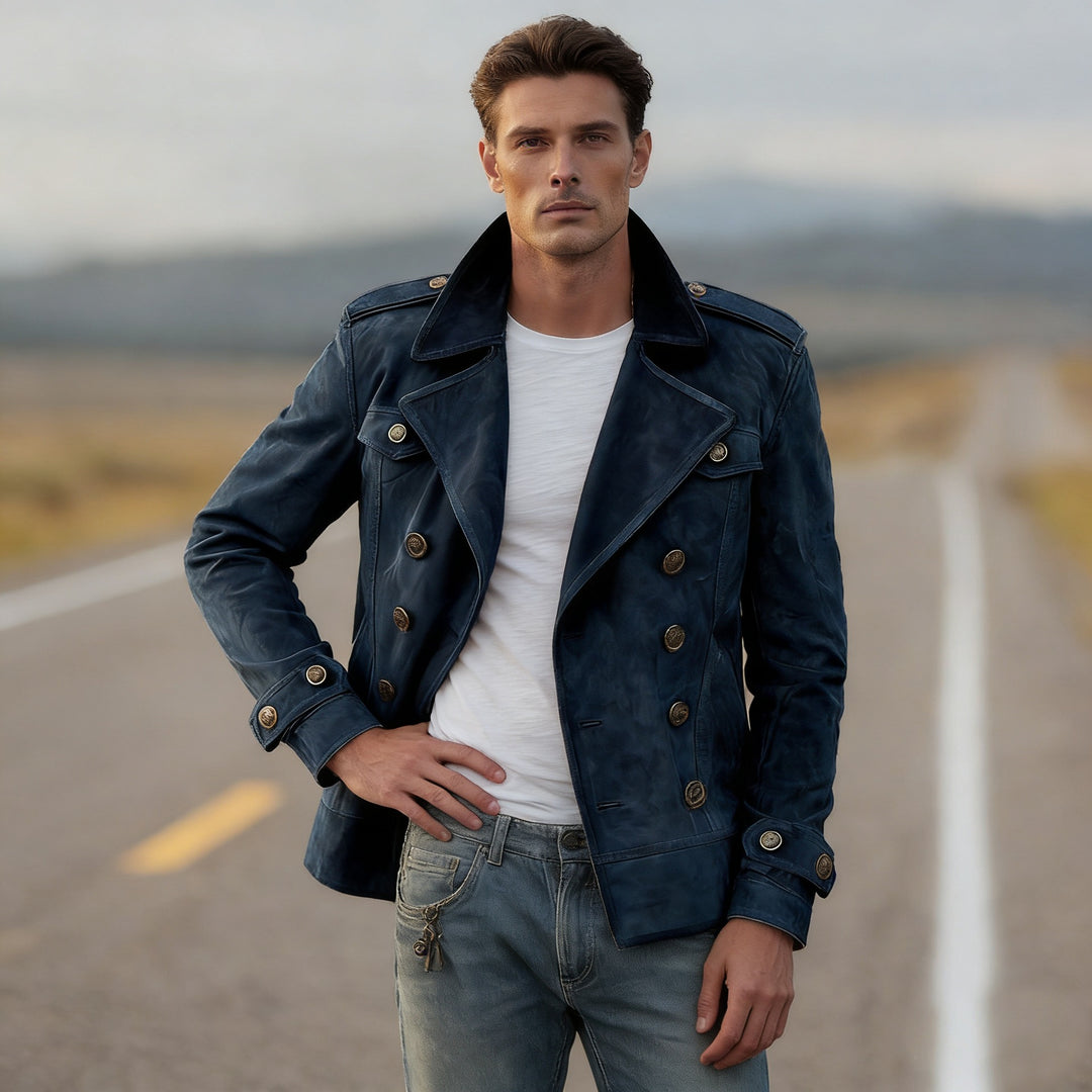 Herren nan doppeltreihige Vintage-Lederjacke mit Reverskragen und Schulterpatten Echo Archiv
