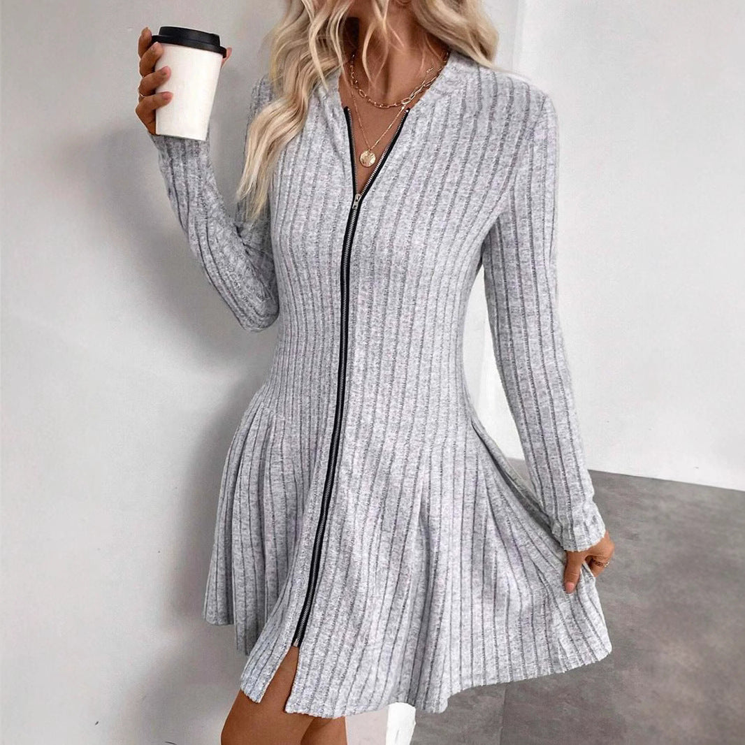 Damen Geripptes Strickkleid mit Frontreißverschluss und A-Linien-Silhouette – Avérine