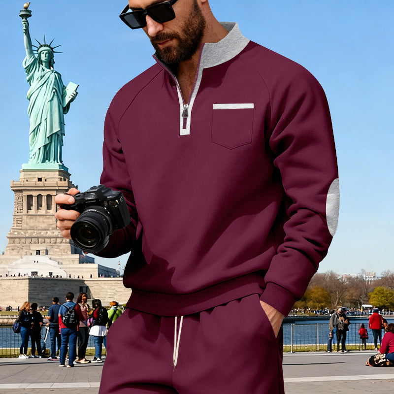 Herren nan Fleece-Quarterzip Pullover mit Brusttasche und Ellbogenpatches Echo Archiv