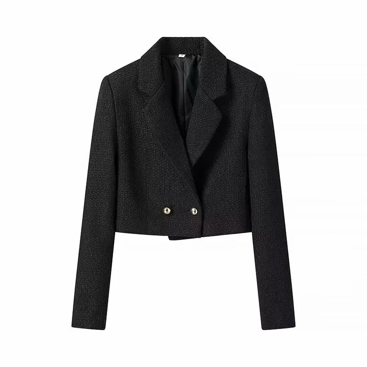 Damen kurze Bouclé-Cropped-Jacke mit Reverskragen und dekorativen Metallknöpfen – Célinea