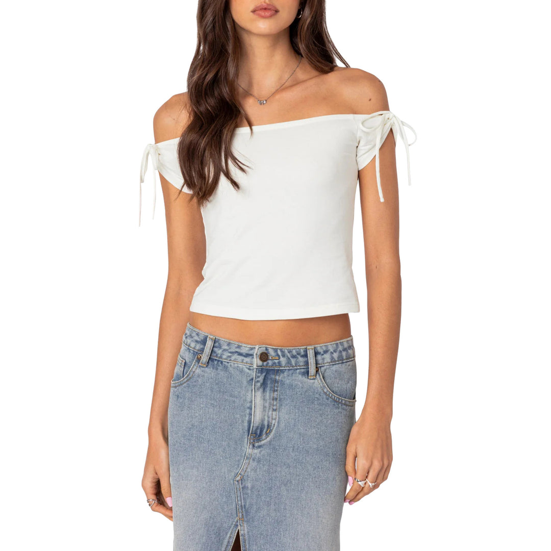 Damen raffiniertes Off-Shoulder T-Shirt mit eleganten Bindebändern Echo Archiv