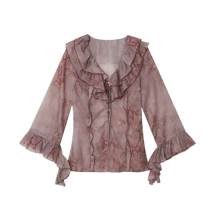 Damen Chiffonbluse mit Rüschenkragen, Volantärmeln und dekorativer Schnürung Echoarchiv