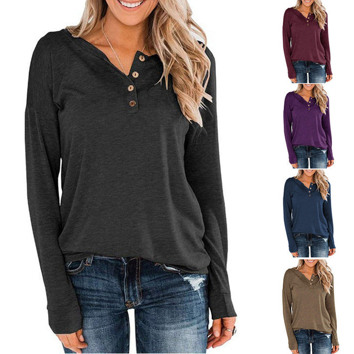 Damen modisches Langarm-Henley-Shirt mit Knopfleiste Echoarchiv