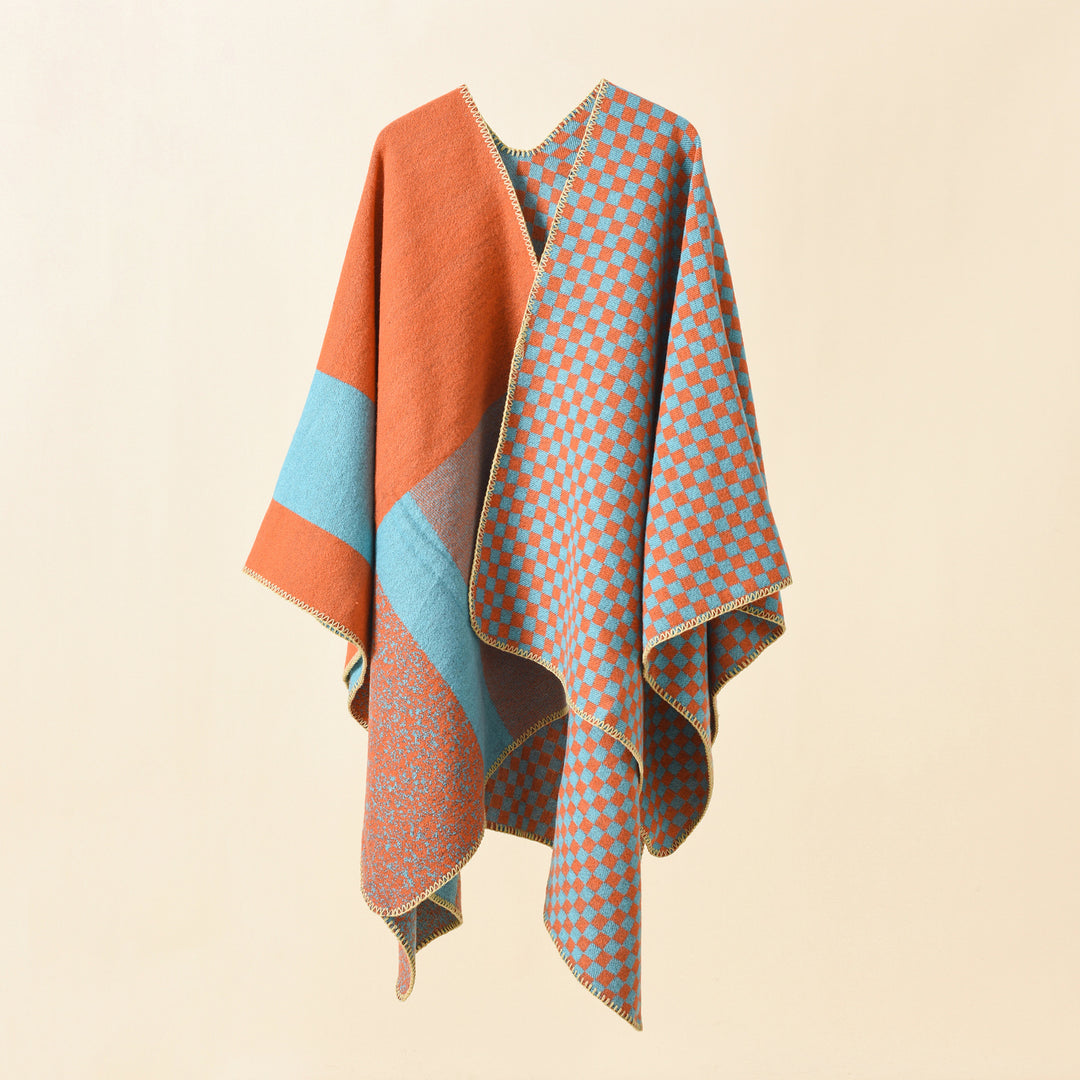 Damen Wendbarer Karomuster-Capeponcho aus Wollmix mit kastigem Oversize-Fall Echo Archiv
