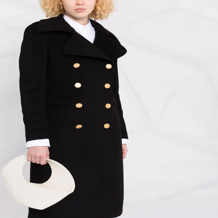 Damen Doppelreihiger Longcoat im Marinemantel‑Stil mit markanten Metallknöpfen Echoarchiv