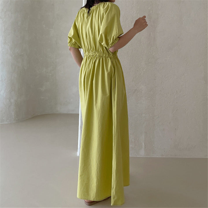 Damen Fließendes Baumwoll-Maxi-Sommerkleid mit elastischem Taillenbund, Puffärmeln und Eingrifftaschen – Valéora