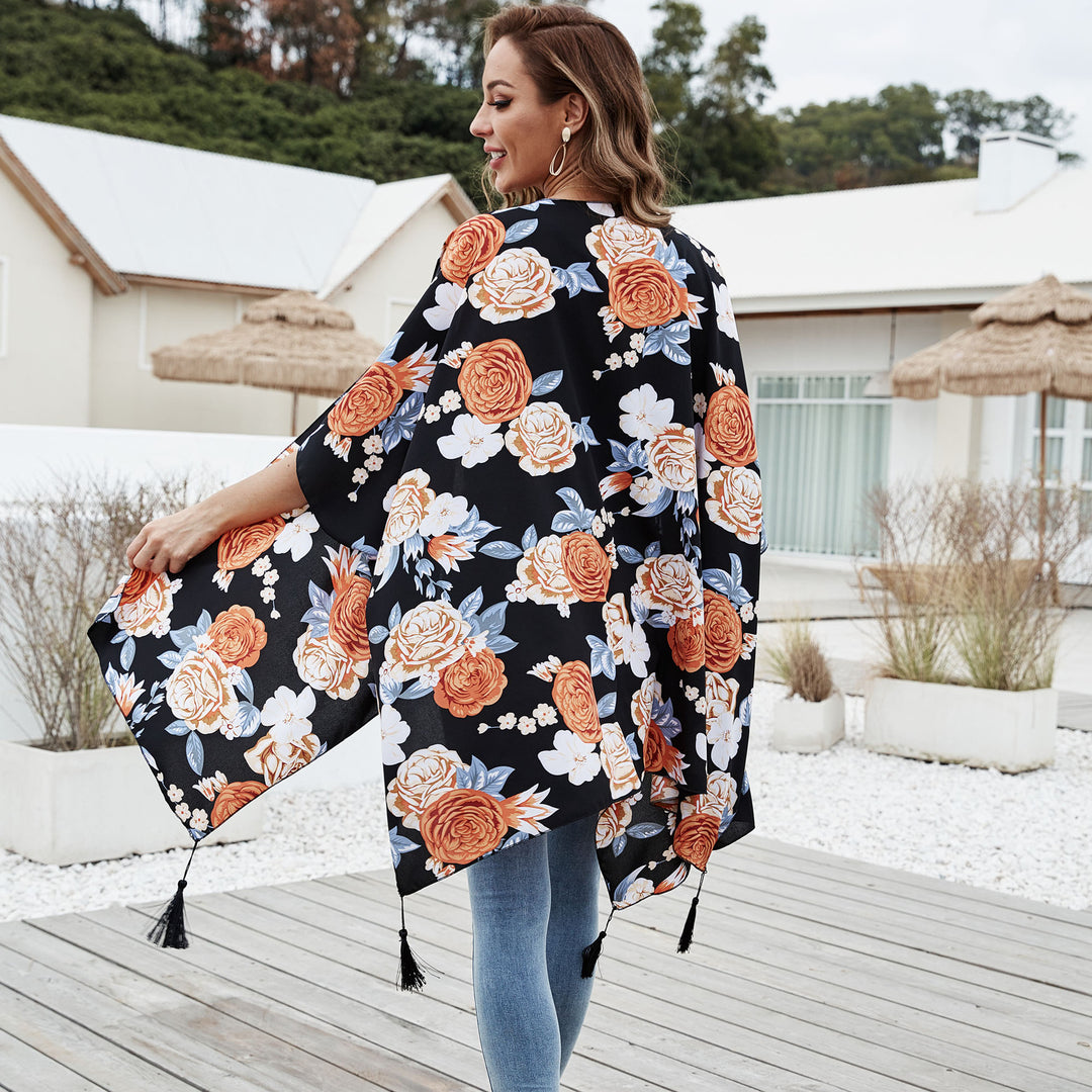 Damen Verspielter Kaftan‑Kimono‑Überwurf aus leichter Viskose mit asymmetrischem Zipfelsaum – Célinea