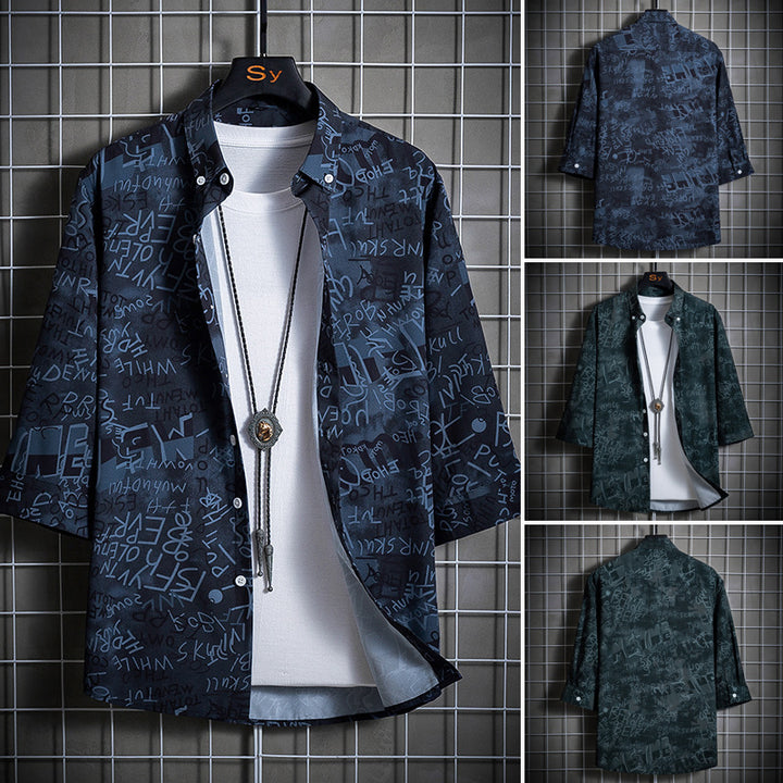Herren Locker geschnittenes Kurzarm-Overshirt mit allover Grafikprint und Hemdkragen Echo Archiv