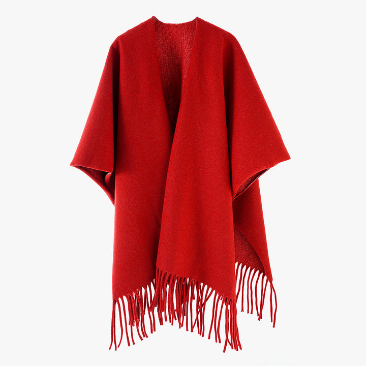 Damen Minimalistischer Wollcape-Überwurf mit Fransensaum und offenem Fall Echo Archiv