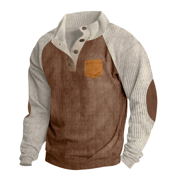 Herren Geripptes Henley‑Pullover mit Raglanärmeln, Ellenbogen‑Patches & Brusttasche – Cavarno