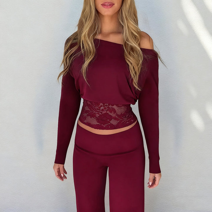 Damen Cropped-Top mit Fledermausärmeln und Spitzen-Taillenband – Avérine