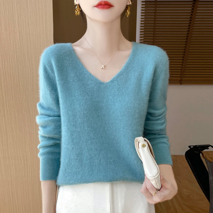 Damen Kuscheliger V‑Ausschnitt Feinstrickpullover aus Mohair‑Mix mit flauschiger Oberfläche Echoarchiv