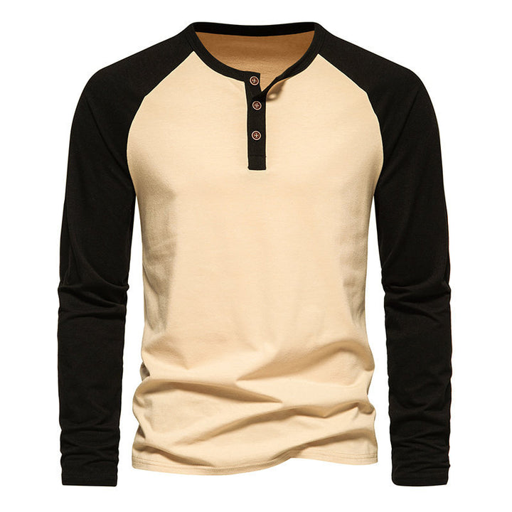 Herren Langarm-Henley-Shirt mit kontrastierenden Ärmel und modischem Knopfdesign Echoarchiv