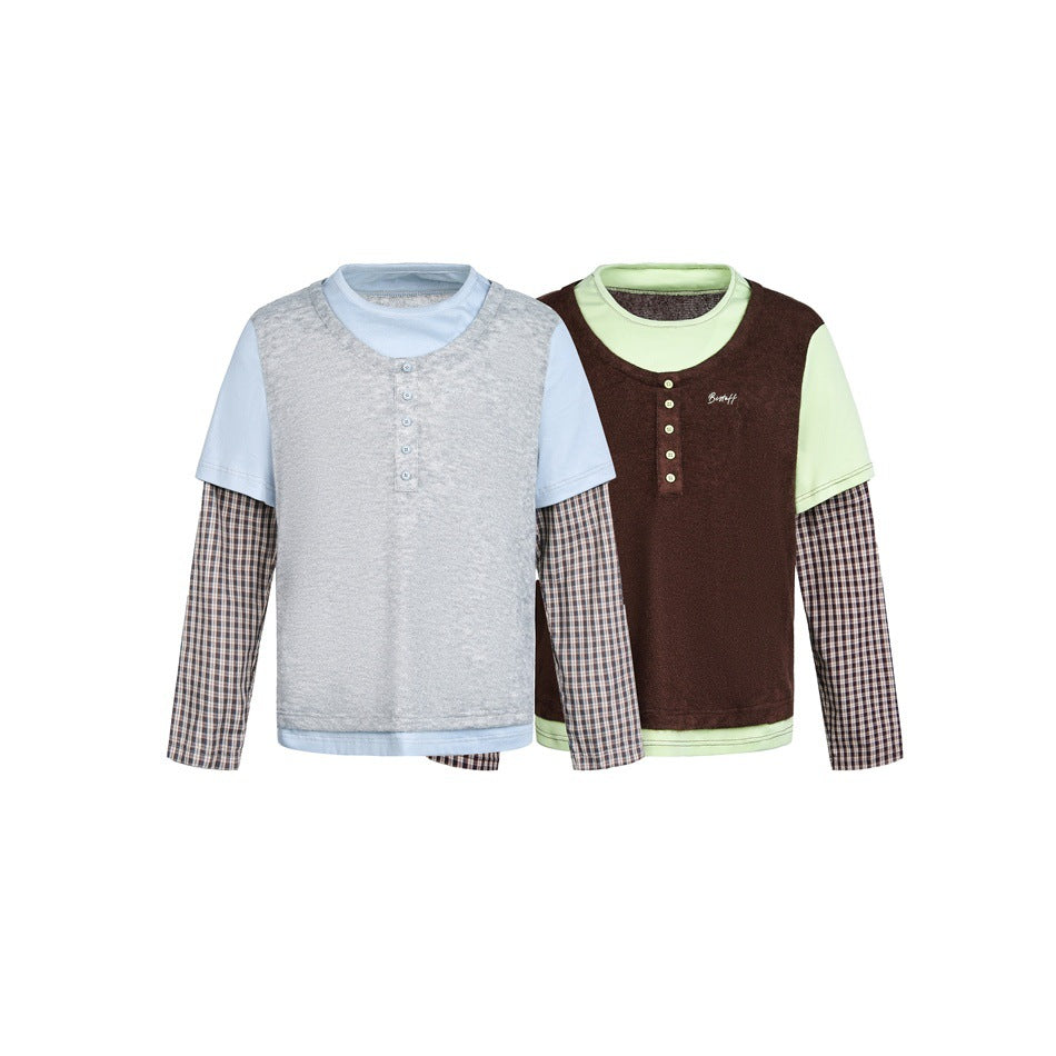Unisex Lagenlook-Henley-Shirt mit kontrastierenden Karomanschetten und kurzem Overshirt-Effekt Echoarchiv