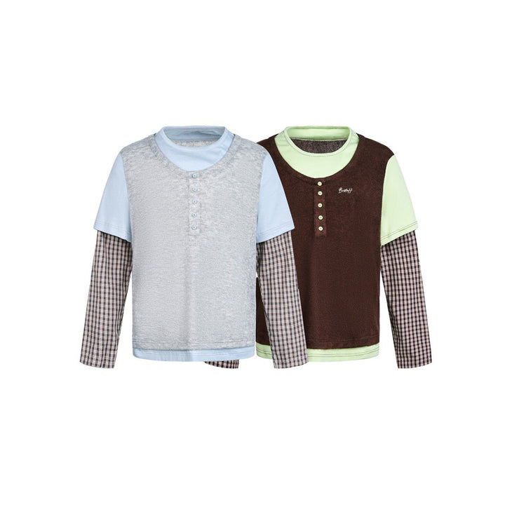 Unisex Lagenlook-Henley-Shirt mit kontrastierenden Karomanschetten und kurzem Overshirt-Effekt Echoarchiv