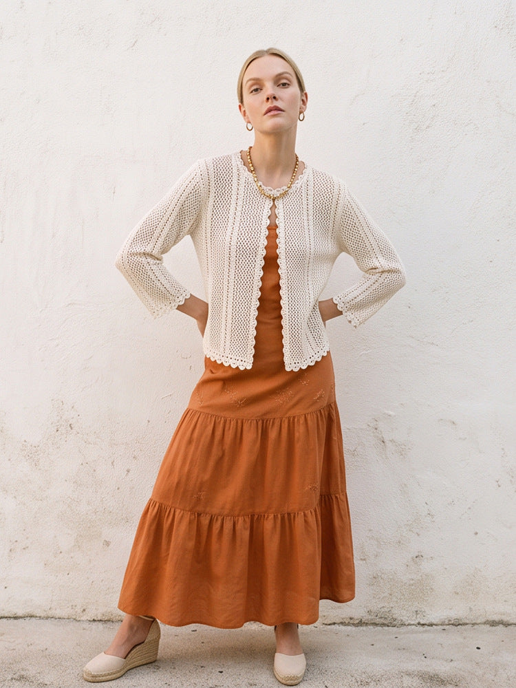 Damen gehäkelte Kurzjacke mit gewelltem Saum, offenem Vorderteil & 3/4-Ärmeln Echoarchiv
