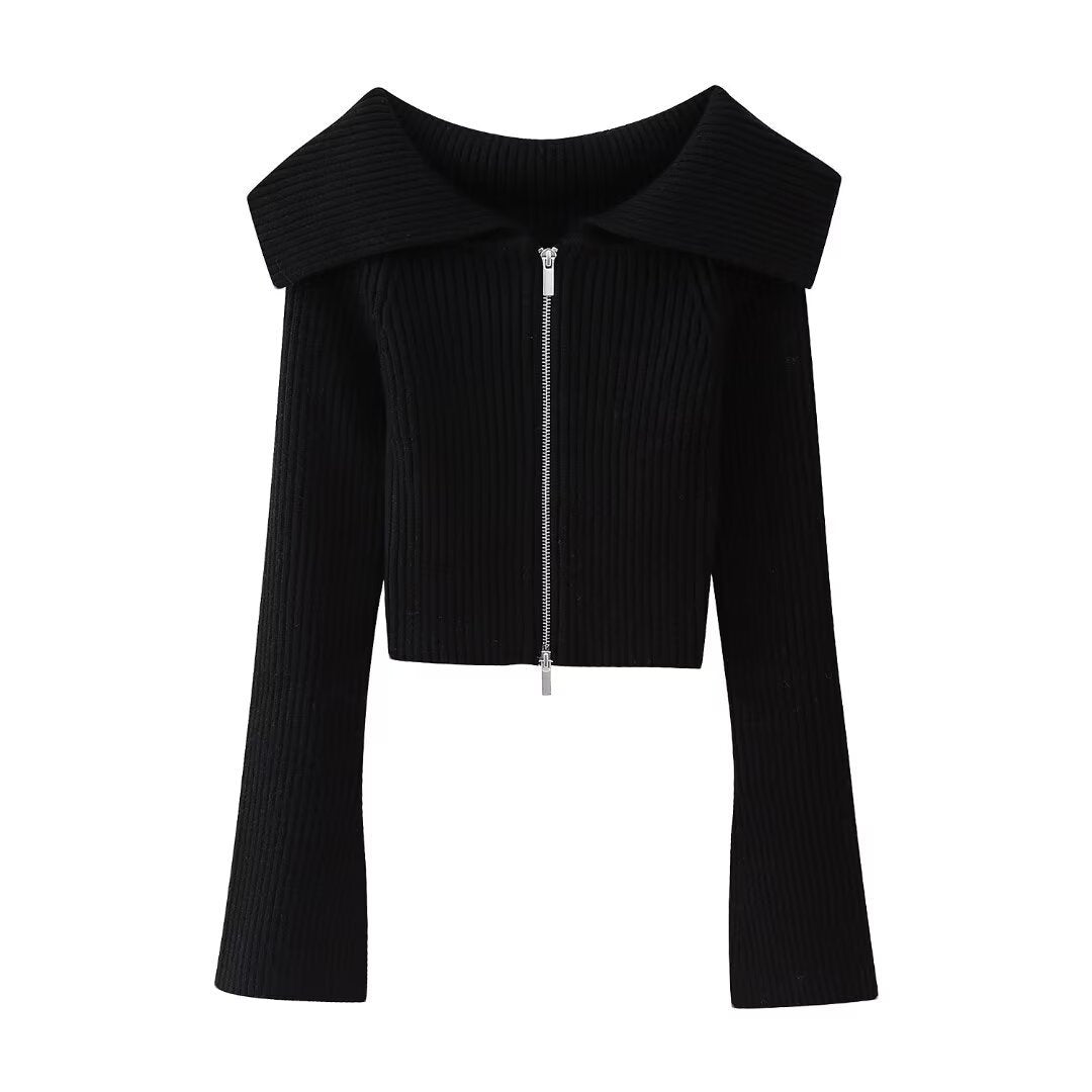 Damen Kurz geschnittene Rippenstrick-Jacke mit weitem Carmenkragen und durchgehendem Reißverschluss Echo Archiv
