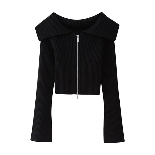 Damen Kurz geschnittene Rippenstrick-Jacke mit weitem Carmenkragen und durchgehendem Reißverschluss Echo Archiv