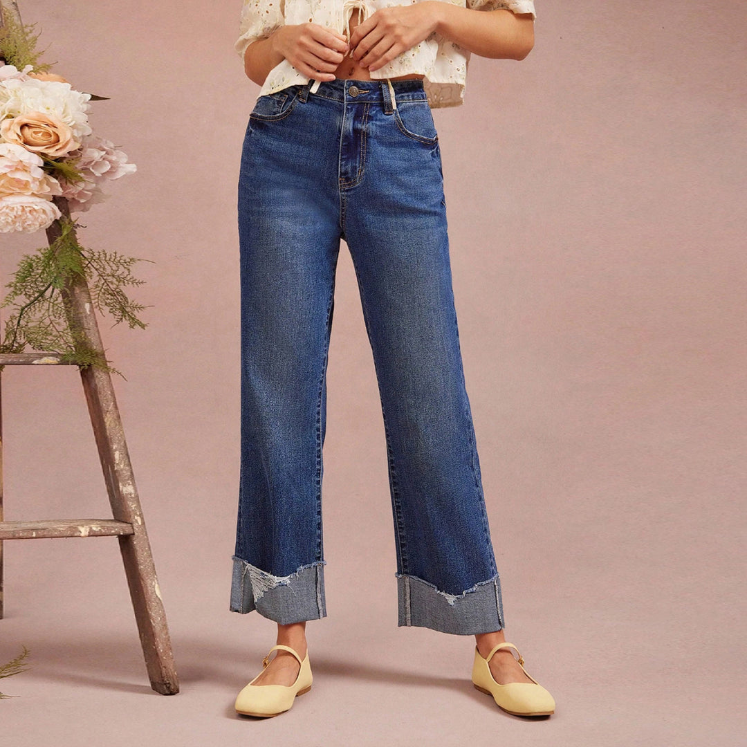 Damen Hochtaillierte Cropped-Jeans mit weitem Bein und ausgefranstem Umschlag Echo Archiv