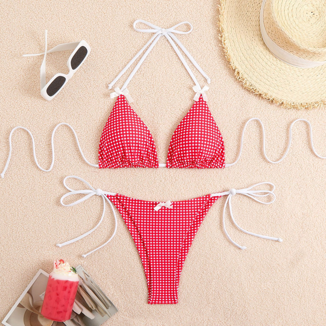 Damen Triangel-Bikini mit kariertem Muster und verspielten Schleifen Echo Archiv
