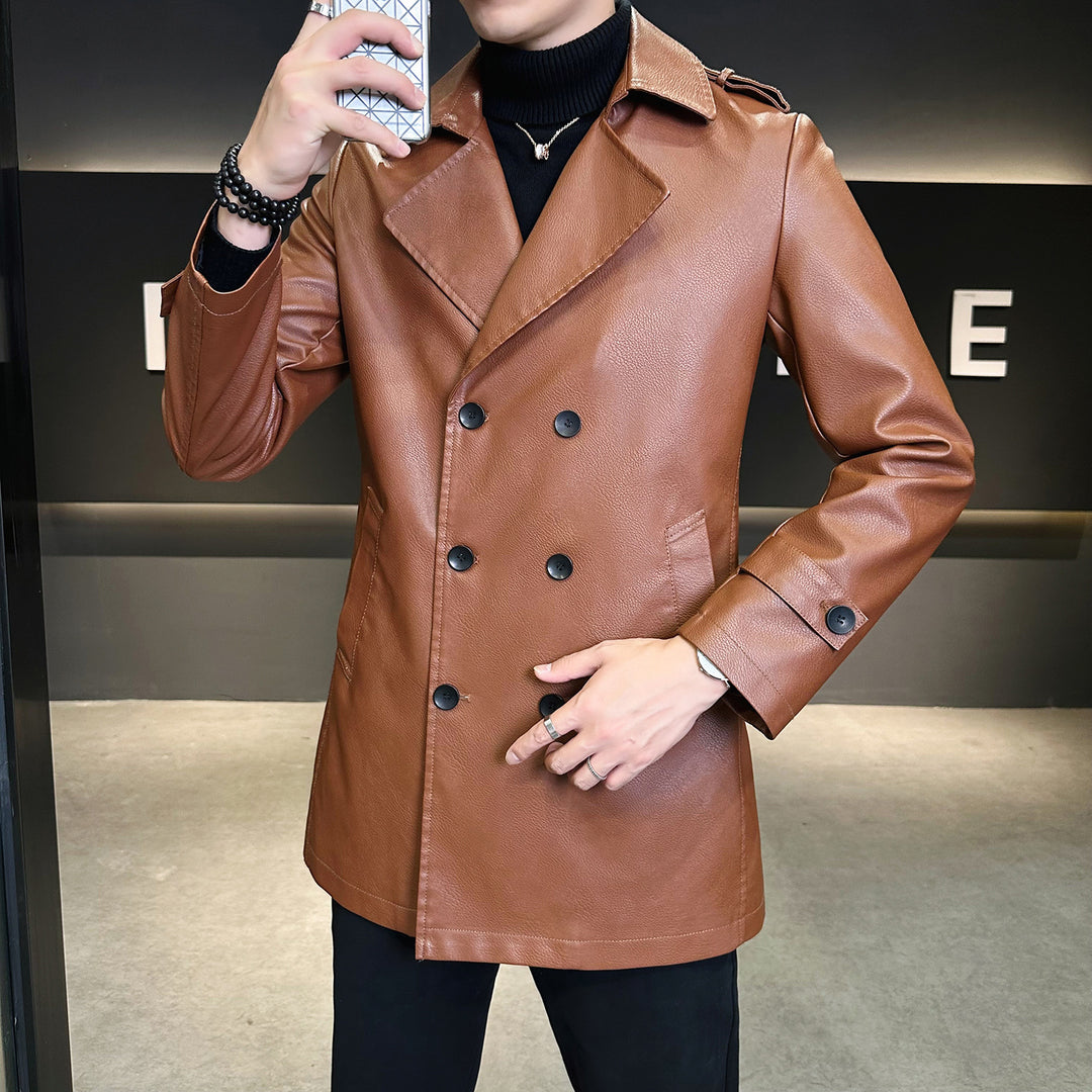 Herren Doppelreihiger Kunstleder-Trenchcoat mit markantem Revers Echo Archiv