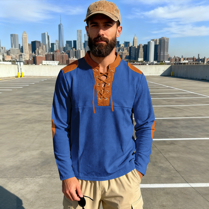 Herren Waffelstrick-Langarmshirt mit Schnürung und Kunstvelours-Ellbogenpatches – Cavarno