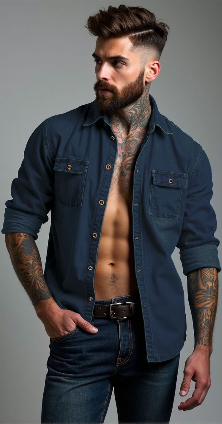 Herren lässige Denim-Hemdjacke mit zwei aufgesetzten Taschen Echoarchiv